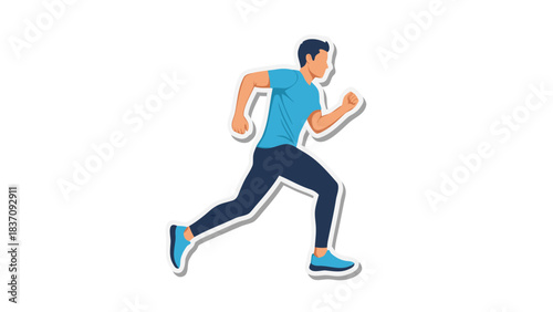 Athletic Male Runner in Mid Stride Wearing a Blue T Shirt and Dark Pants Demonstrating Fitness and Speed
