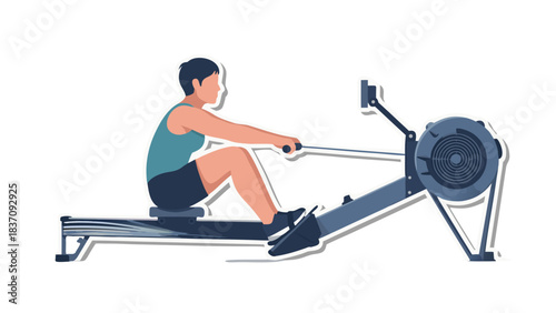 Athletic Man Rowing Machine Workout Blue Tank Top Navy Shorts Active Lifestyle and Fitness Training in Studio Environment