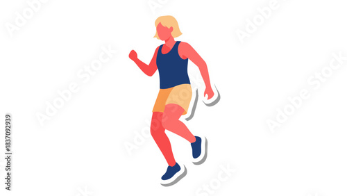 Athletic Woman In Blue Tank Top And Orange Shorts Mid Jump With Blonde Hair And Flat Design Style Against A Black Background And White Border