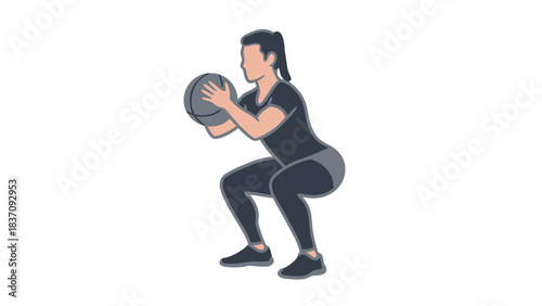Athletic Woman Performs Squat Exercise Holding Medicine Ball Dark Gray Athletic Wear Black Hair Pulled Back Focused Expression Isolated on Black Background