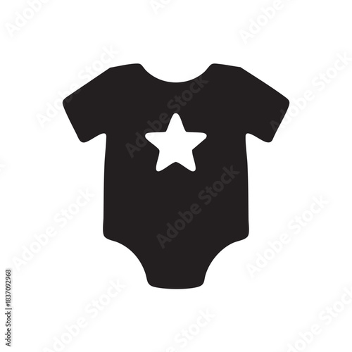 A simple black and white illustration of a baby bodysuit with a prominent star design on the front