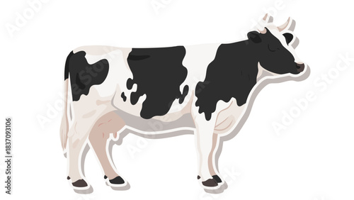 Black and White Holstein Friesian Cow Standing Side View with Closed Eyes and Black Spots on White Body in a Field Under Natural Lighting
