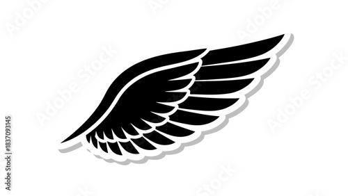 Black Angel Wing Illustration With White Outline And Shadow Effect Isolated On Black Background