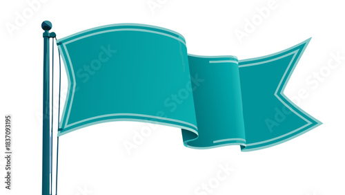 Blank Teal Flag Waving on a Pole with White Outline Accent Against a Solid Black Background Studio Shot Simple Graphic Element