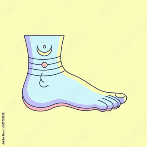 Stylized illustration of a foot with an anklet and moon tattoo on a light background.