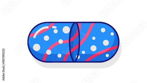 Blue Capsule Object With White Dots And Pink Swirls On A White Surface Isolated On Black Background Simple Design