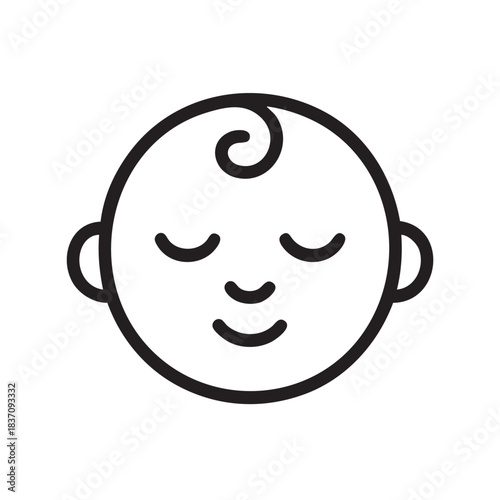 A simple black and white line drawing depicts a peaceful baby s face with closed eyes and a gentle smile