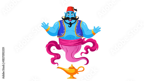 Blue Cartoon Genie Emerging From Golden Lamp With Pink Swirls Against Black Background Pixel Art Style