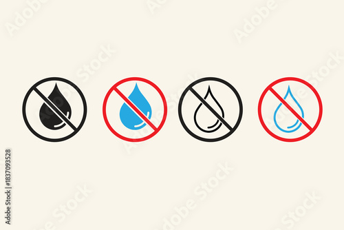 A vector prohibition icon showing a crossed-out water droplet, representing “no water,” “not waterproof,” or “keep dry” warnings for products or materials.