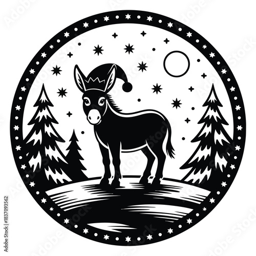 Christmas Donkey with Santa Hat Engraving Vector