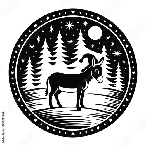 Christmas Donkey with Santa Hat Engraving Vector