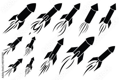 Black rockets with flame trails flying upwards spaceship