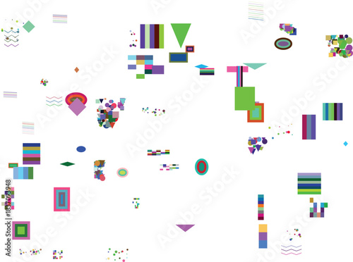 Vibrant abstract shapes and geometric forms in a dynamic composition on a white background