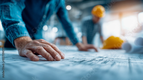 Hands of engineers focusing on detailed construction blueprints during collaborative planning with safety helmets and rolled plans in the background