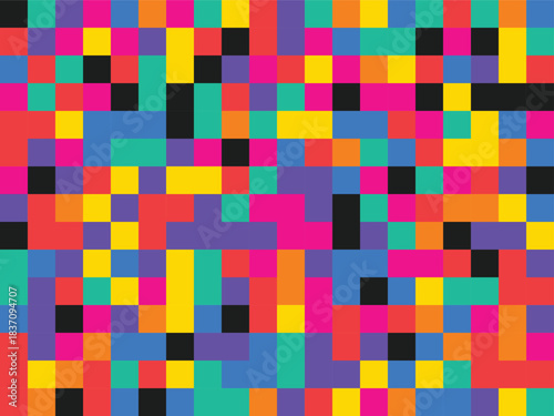 Vibrant multicolored pixelated pattern viewed from a close-up perspective showcasing graphic design elements in a digital environment