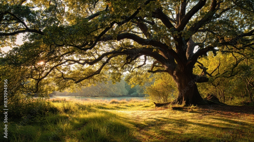 Fototapeta premium Sunlight shines through the branches of a large tree in a park. Grass covers the ground and a water body is nearby. It is early evening and the area feels warm and inviting.