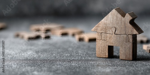Wooden puzzle pieces form a house on a textured gray surface, symbolizing home, construction, or real estate concepts