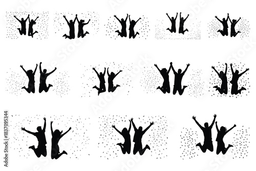 Silhouettes of people jumping with confetti celebration