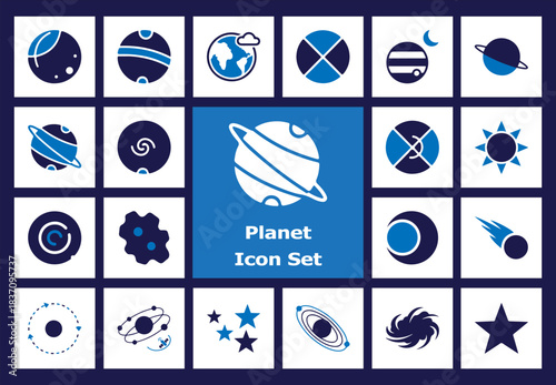 A comprehensive vector icon set featuring planets, stars, galaxies, and various celestial bodies, perfect for astronomy-related projects and digital designs across multiple platforms