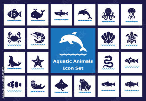 Collection of aquatic animal icons including dolphin, shark, octopus, jellyfish, whale, fish, turtle, and crab, representing underwater sea life