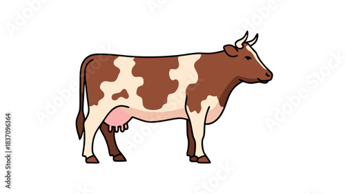 Brown And White Holstein Friesian Cow Standing In Profile Against A Black Background With Pink Udder And White Tail Accented By Horns And Brown Eyes Side View Detailed Illustration