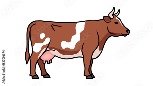 Brown and White Holstein Cow Standing Side Profile with Pink Udder on Black Background Simple Cartoon Illustration