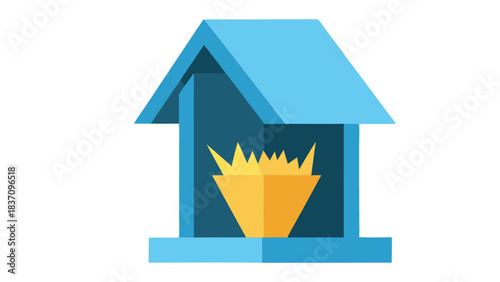 Blue Structure With Golden Fire Inside Against Black Background Flat Design Minimalist Vector Art