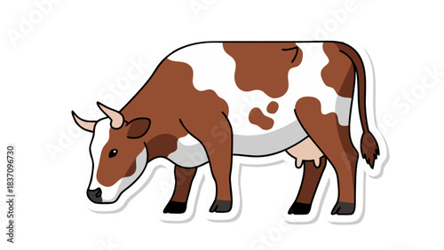 Brown And White Cow Grazing In A Field Detailed Vector Art With Outline On Black Background