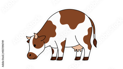 Brown And White Cow Grazing In A Field Illustration With Black Background Outline Sticker Style