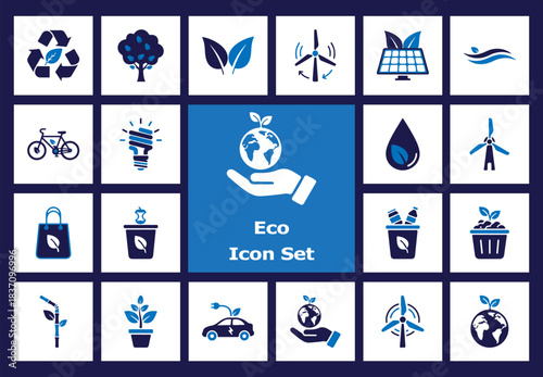 Eco Icon Set Sustainable Environment, Green Technology, and Renewable Energy Concepts