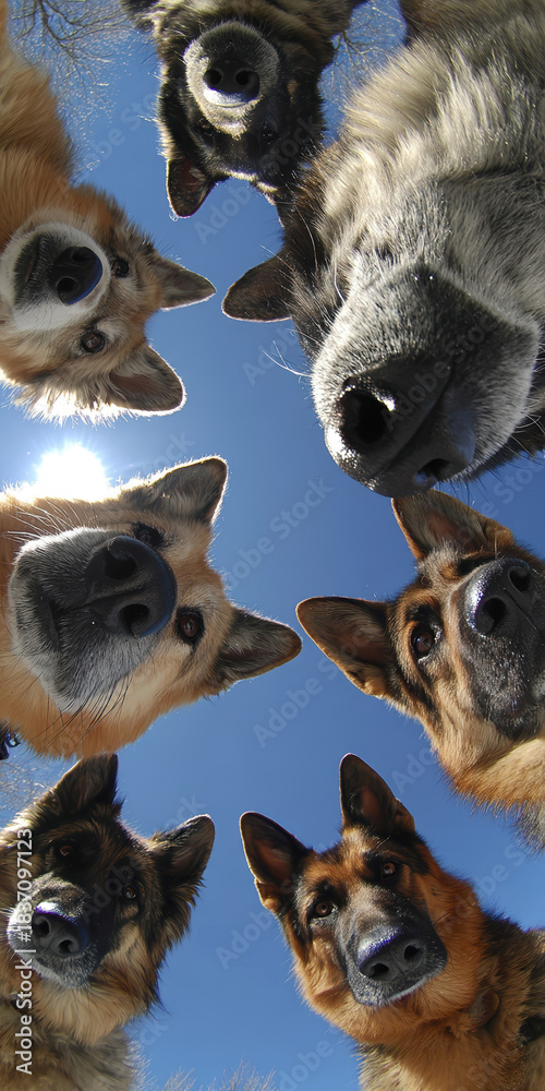 Obraz premium Phone wallpaper showcasing a cluster of 10 German Shepherds, looking directly at the camera from various angles, in an outdoor setting under daylight Dogs arranged around a central poi - AI-Generated