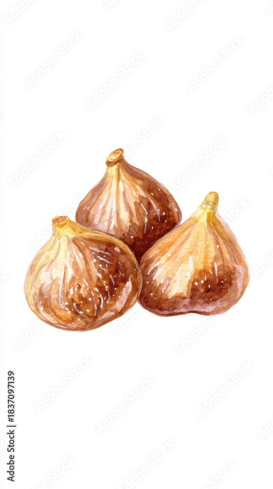Fototapeta premium Three ripe brown figs, a sweet and healthy fruit, arranged together and isolated on white background