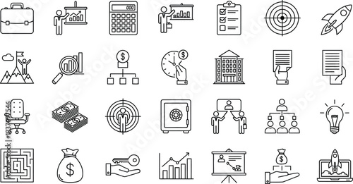 Business and finance line icons set, corporate strategy, financial growth, management, and success concept symbols for presentations, web, and app designs. vector
