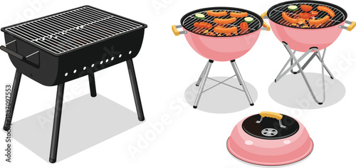 Colorful outdoor barbecue grills with sizzling food, tripod design, and detachable lid for summer cooking, picnic, and backyard gatherings.