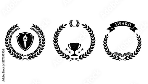 A set of achievement and recognition vector emblems, featuring elegant laurel wreaths, classic trophies, educational torches, and symbolic books, perfect for awards