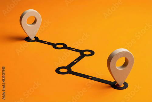 Route map with two location pins and zigzag path with arrows on orange background, journey, navigation and planning.
