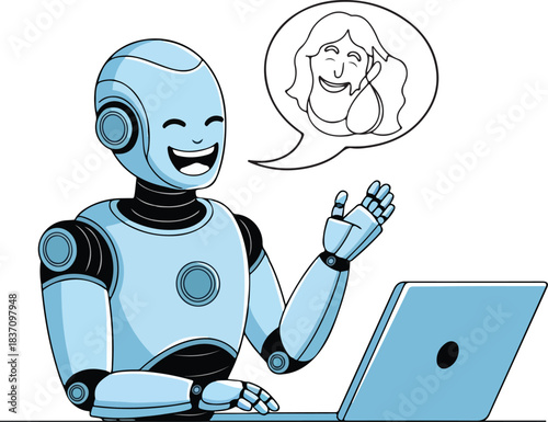 Smiling blue robot video calling a woman.