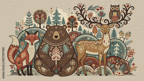 Quaint Forest Animals Folk Art Illustration Decorative Woodland Scene with a Bear, Deer, Fox, and Owl in Scandinavian-Inspired Patterned Nature