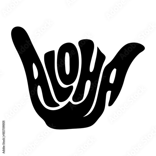 Logo club de surf. Palabra Aloha como silueta de mano con señal shaka. Mano con símbolo hang loose