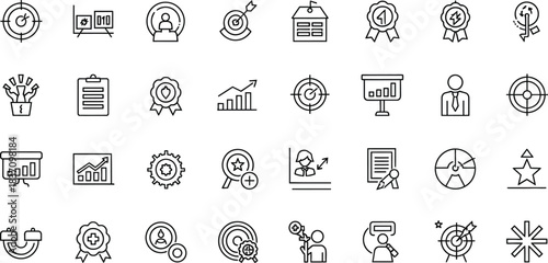 Business strategy success goals and achievement line icons set. collection of outline symbols representing targets, analytics, growth, awards, and management for web and mobile ui design elements.