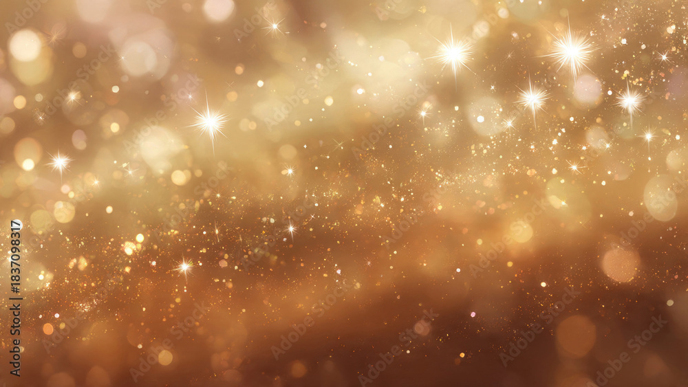 Obraz premium A dazzling golden bokeh background with shimmering lights, sparkling glitter, and starbursts, evoking a festive and magical atmosphere.