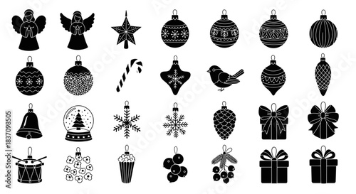 An Exquisite Set of Black Vector Silhouettes Depicting Various Christmas Tree Ornaments.svg