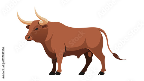 Brown Bull Standing Profile View With Large Horns Detailed Pixel Art Style