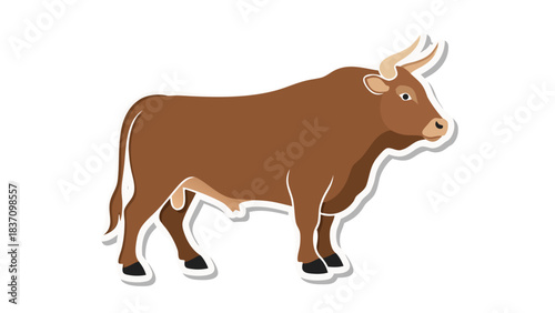 Brown Bull Standing Side View With White Outline On A Black Background With Its Horns Pointing Up And To The Left