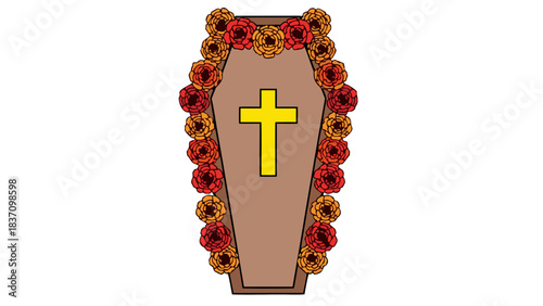 Brown Coffin With Yellow Cross Decorated With Orange And Red Flowers On Black Background Funeral Or Memorial Concept