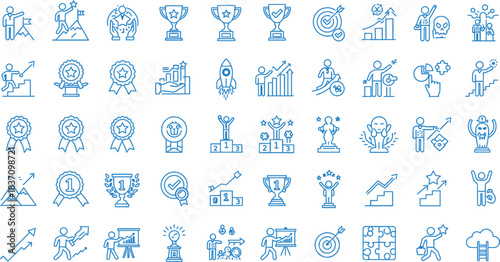 Success and achievement vector line icon set: business growth, victory, award, target, strategy, progress, challenge, leadership, medal, goal, motivation. modern, blue, white.