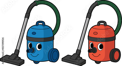 Cute cartoon vacuum cleaners with smiling faces in colorful playful vector illustration perfect for cleaning, housework and kids themes