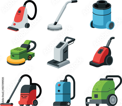 Collection of professional cleaning machines including vacuums, floor scrubbers and industrial equipment in modern detailed vector illustration