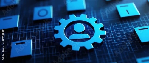 Blue user profile settings icon inside a cogwheel on a futuristic blue digital circuit board background