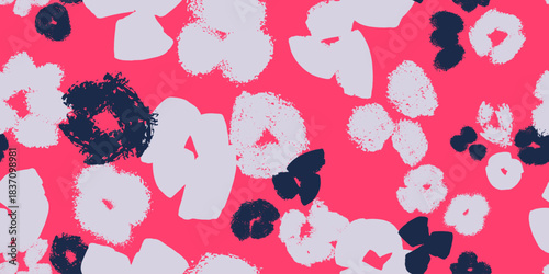 Seamless abstract floral pattern featuring bold hand-painted textured shapes on a red background. Ideal for textile prints, packaging, wallpapers, fabric design, stationery